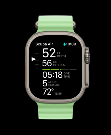 Apple Watch Ultra 3, värinä luonnontitaani, titaanikuori, Oceanic+-sukellustiedot: syvyys, dekompressioaika, sukellusaika, minuuttia pinnalle, veden lämpötila, Ocean-ranneke, värinä neonvihreä