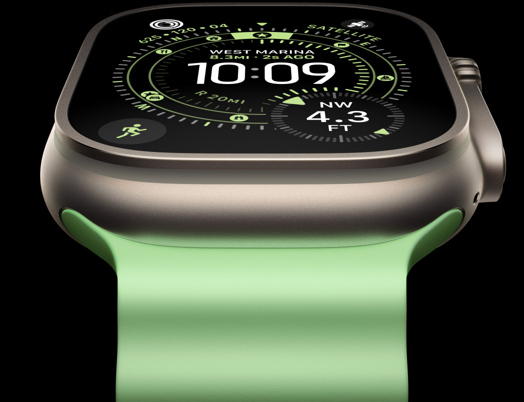 Apple Watch Ultra 3 com caixa em titânio natural, bússola no mostrador Orientação, Bracelete Ocean verde‑néon