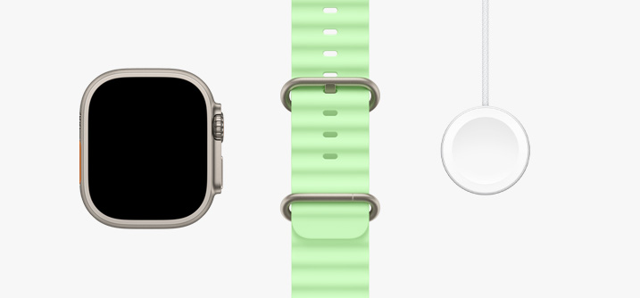 Apple Watch Ultra 3, boîtier en titane naturel, écran bord à bord, Bracelet Océan vert fluo, Câble de charge rapide magnétique vers USB‑C pour Apple Watch
