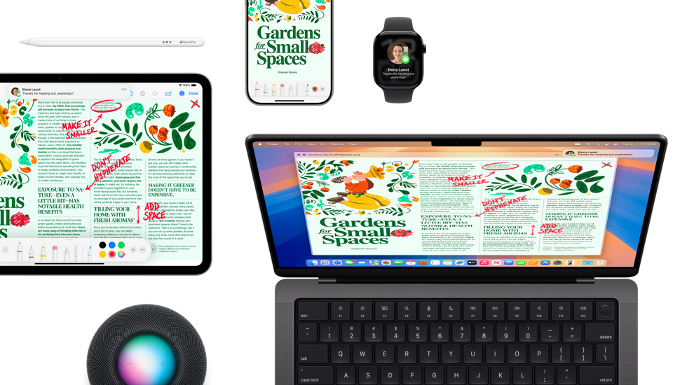 A suite of devices including an iPad, iPhone, Watch, and Mac, all featuring the same content.