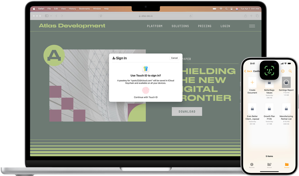 Widok z przodu na MacBooka z oknem Touch ID. Przed MacBookiem znajduje się iPhone z ekranem Face ID.