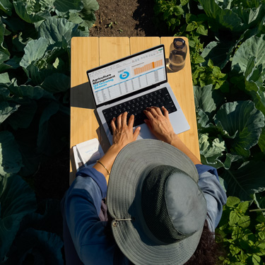 Bird’s-eye view of a woman in a wide-brim hat working on a business presentation on a MacBook, sitting at a table in a garden.