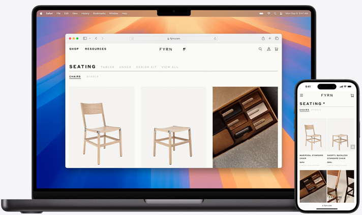 Ecrãs do MacBook e iPhone com a mesma página do Safari aberta em ambos os dispositivos