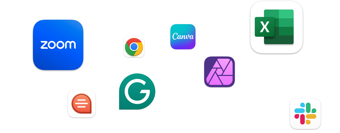 Various app icons floating on screen, including Zoom, Canva, Microsoft Excel and Adobe Photoshop