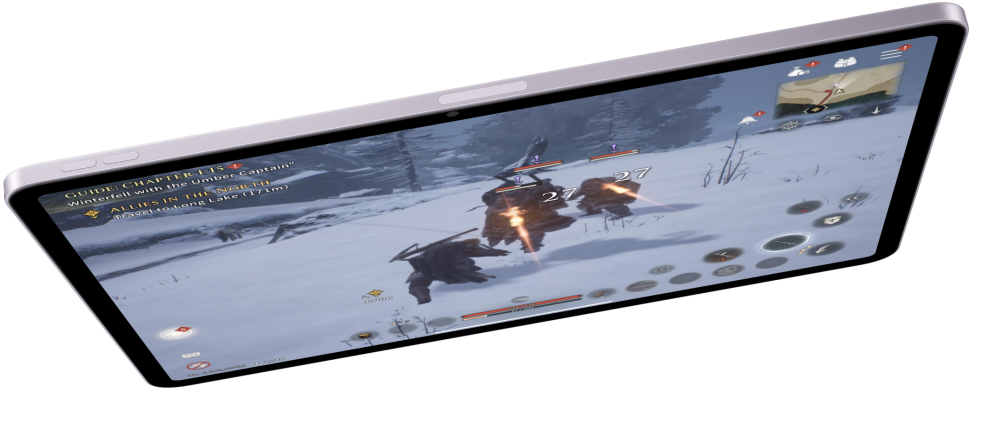 iPad Air in landscape orientation and displaying a video game, two other iPad Air models below