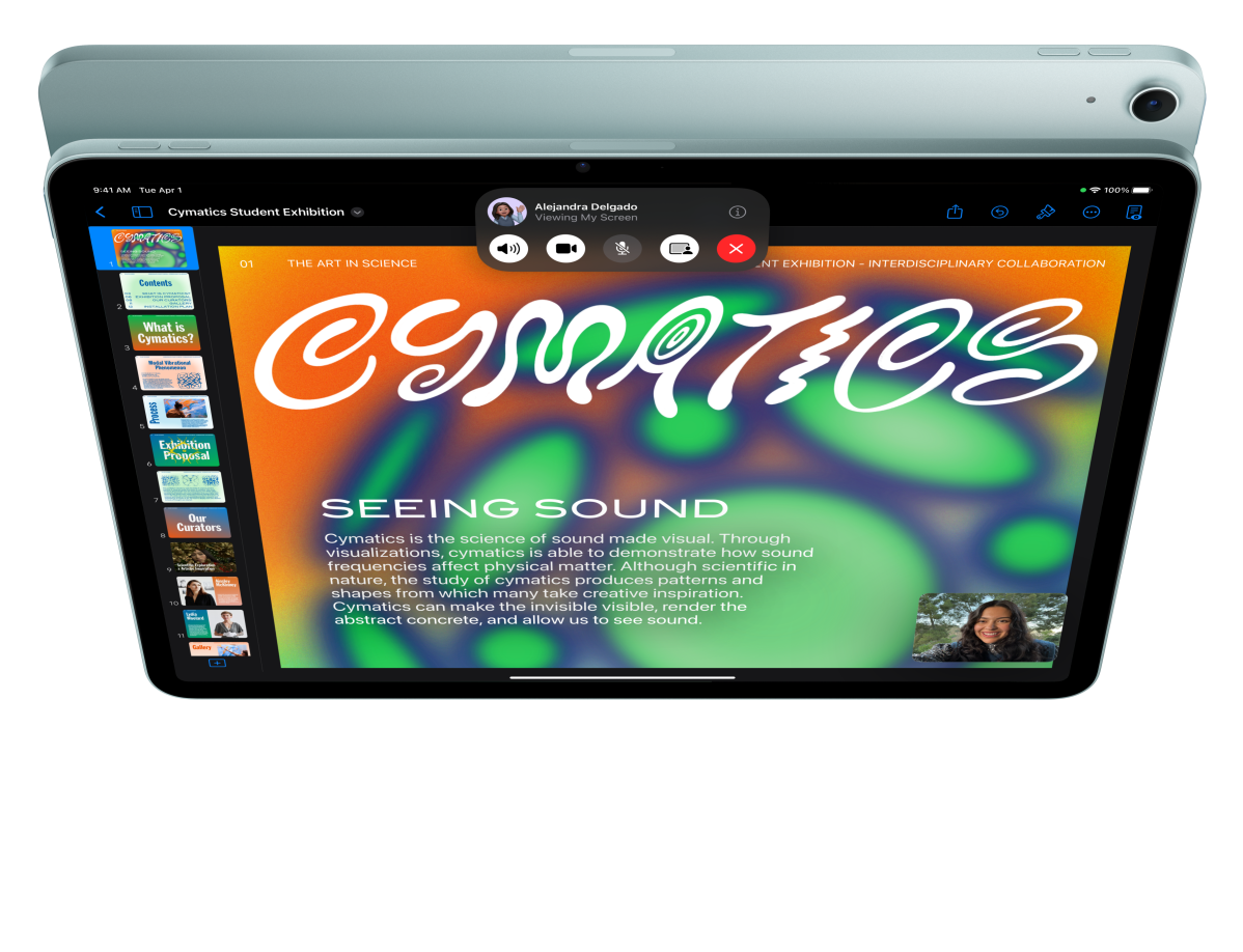iPad Air, front exterior, user is on FaceTime and looking at Keynote in front of another iPad Air, back exterior