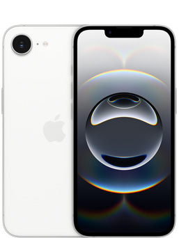 Un iPhone 16e bianco mostrato di fronte, e un iPhone 16e mostrato da dietro di cui si nota la fotocamera.