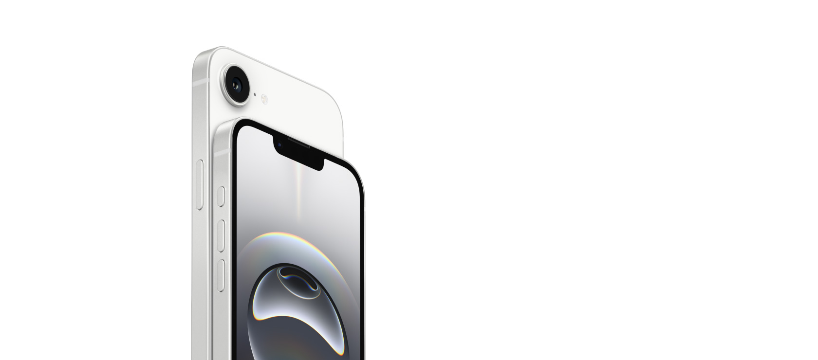 Due iPhone 16e, uno in prospettiva laterale anteriore per mostrare il display Retina, l’altro in prospettiva laterale posteriore per mostrare la fotocamera.