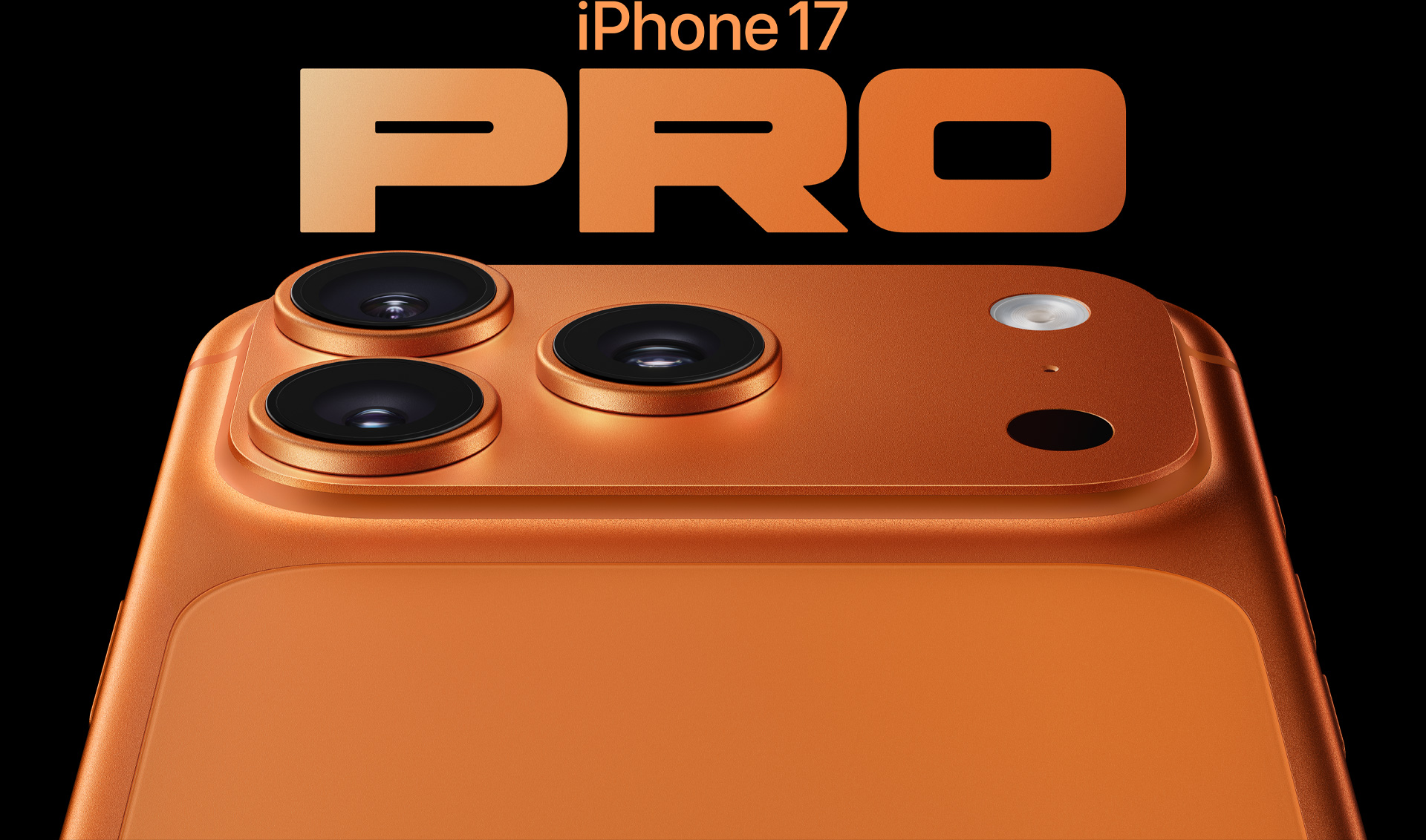 iPhone 17 Pro, cosmic orange finish, partial back exterior, pro camera system in top left corner, 3 lenses, microphone, flash