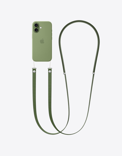 iPhone 17, vedere spate, husă verde, curea CrossBody verde atașată