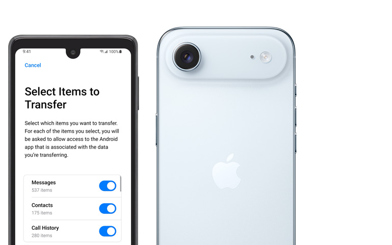 Side-by-side, Android screen showing Move to iOS App, iPhone Air, back exterior, Fusion camera system in raised plateau, camera flash