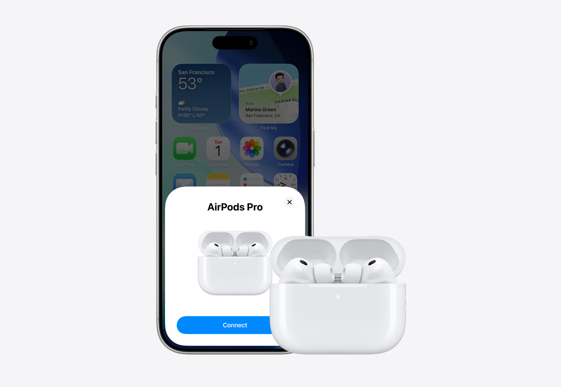 Предна част на iPhone, изскачащ прозорец за връзка с AirPod на екрана, AirPods в отворен кейс до iPhone
