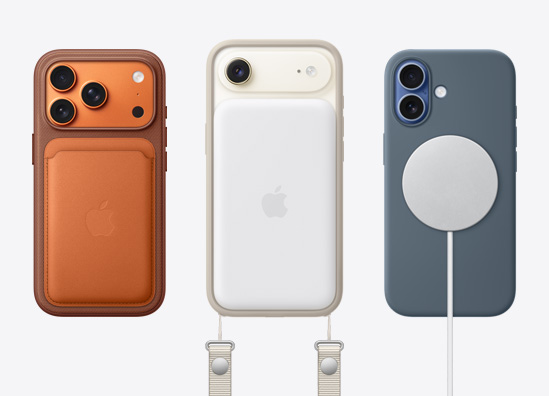 ЕЕдин до друг, заден екстериор на iPhone 17 Pro с FineWoven портфейл с MagSafe, заден екстериор на iPhone 17 с CrossBody каишка и силиконов кейс, заден екстериор на iPhone 17 с прозрачен MagSafe кейс