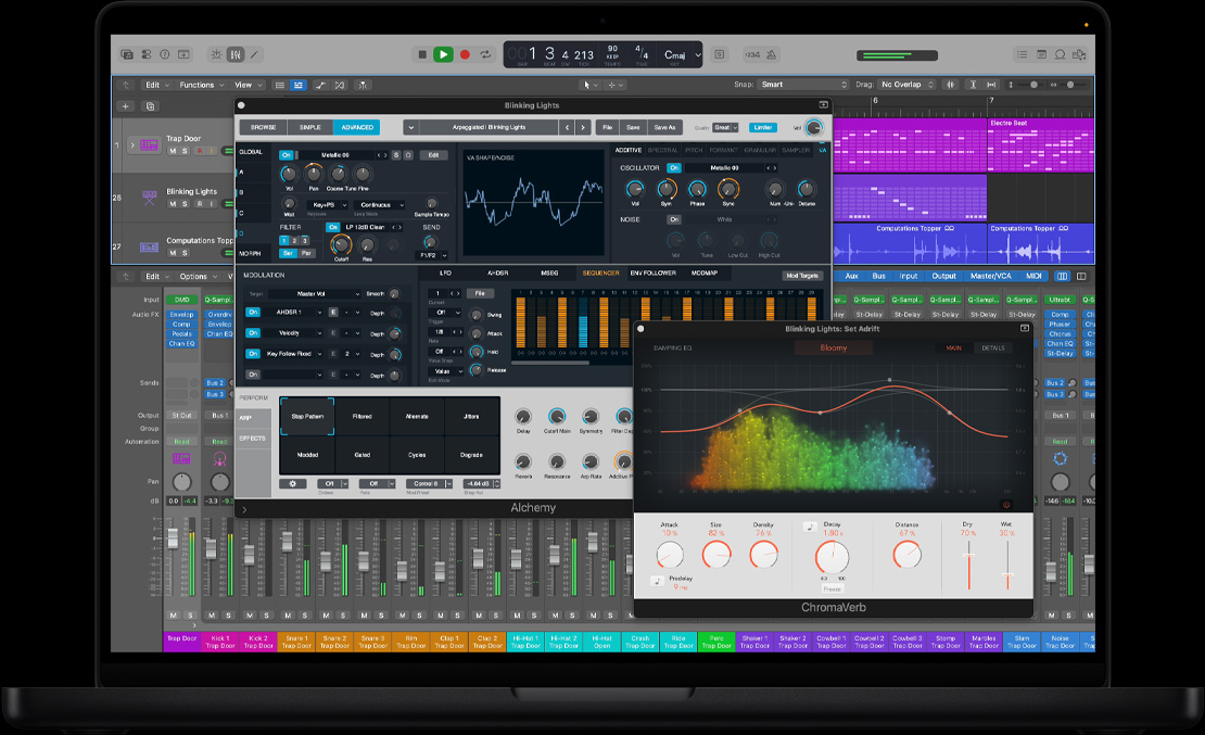 MacBook Pro 16 screen showing vocal sample window and stereo out window