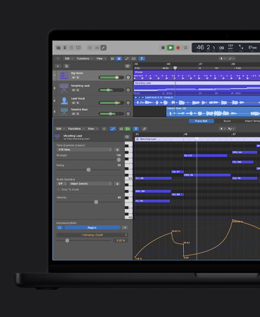 MacBook Pro 16 screen showing soundwaves with different rows including Big Room, Morphing Lead, Lead Vocal, Massive Bass, at the bottom is the Piano Roll window with adjustments to the left