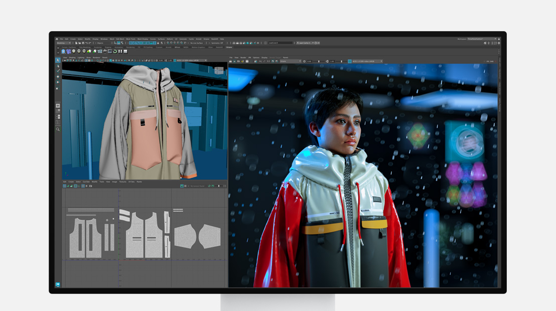 Pro Display XDR ekraan, mis näitab 3D-renderdamise tööprotsesse