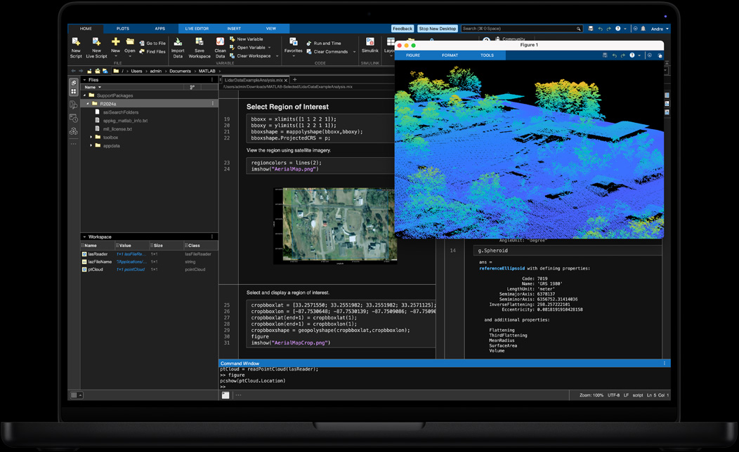 Écran d’un MacBook Pro montrant le traitement et la visualisation de données géospatiales dans MATLAB