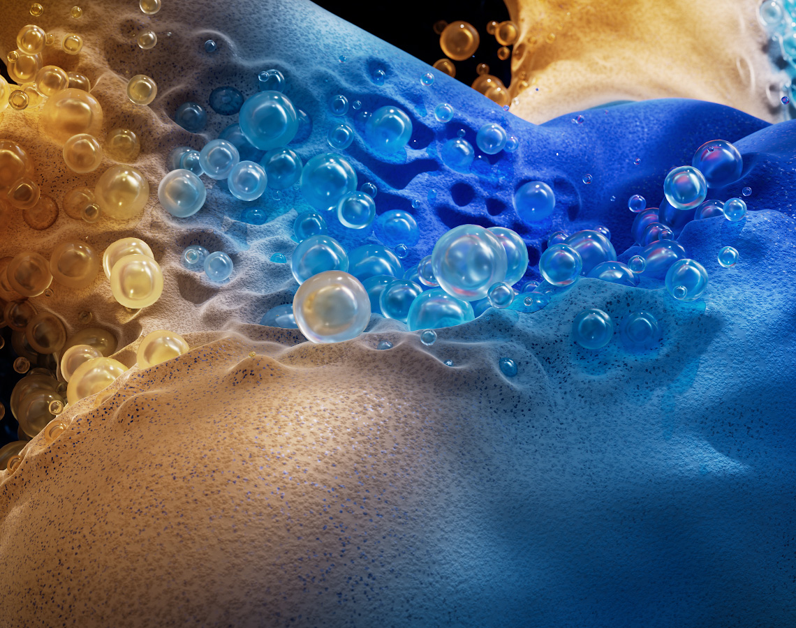 Animation 3D de formes texturées bleues qui bougent, montrant les performances graphiques du MacBook Pro pour les tâches visuellement complexes