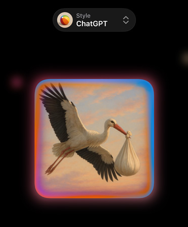 Image Playground with dropdown menu at top that reads Style: ChatGPT, image of a flying stork carrying a baby in a bundle