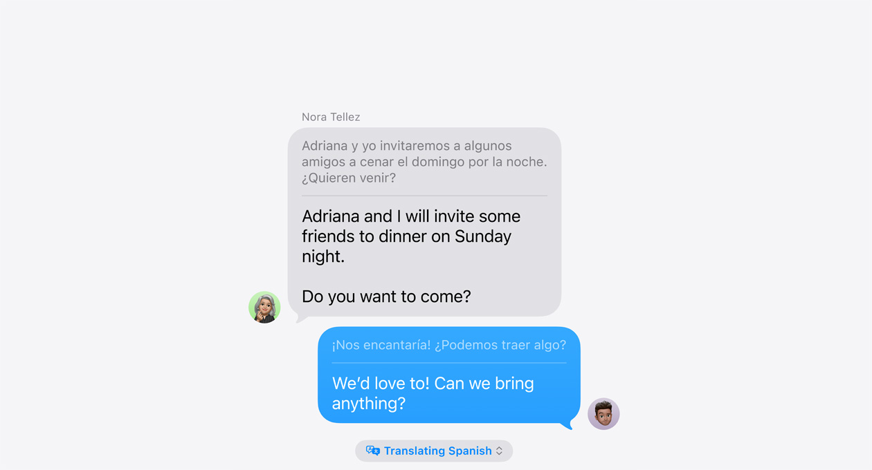 Live Translation in Messages, showing an example of automatic translation between Spanish and English