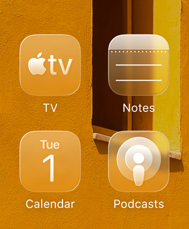 Grid of four translucent app icons, the Apple TV app, Notes, Calendar, and Podcasts, refract the background