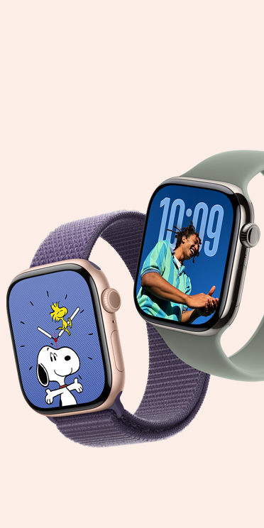 Apple Watch Series 11, boîtier en aluminium, gris sidéral, et boîtier en aluminium, finition naturelle, cadrans Snoopy et Photos, Boucle Sport, brume violette, Bracelet Boucle unique, gris vert