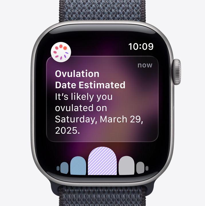 Apple Watch Series 11, couleur gris sidéral, boîtier en aluminium, notification de date d’estimation d’ovulation provenant de Suivi de cycle dans l’app Santé, Digital Crown, Boucle Sport, gris foncé