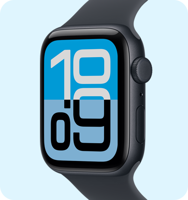 Apple Watch SE 3, boîtier en aluminium, couleur minuit, cadran Fluctuation, côté droit, Digital Crown, micro, bouton latéral, Bracelet Sport, couleur minuit