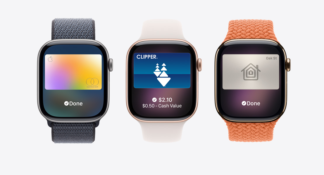 Apple Watch Series 11 devices, aluminum and titanium cases, silver, rose gold and gold colors, Apple Pay screen, Apple Card, Apple Wallet, Transit Card, home key card, Bands: Sport Loop, anchor blue color, Sport Band, light blush color, Braided Solo Loop, turmeric color