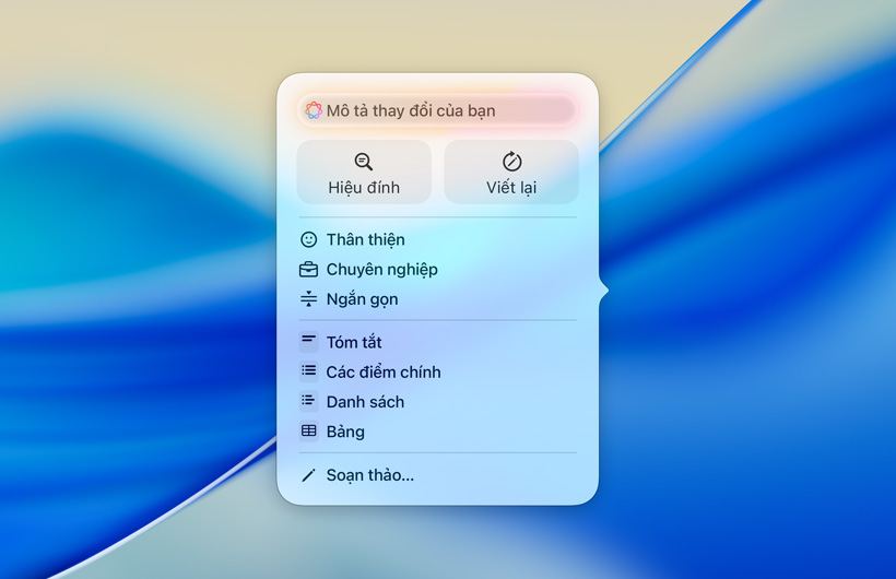 UI của Công Cụ Viết với trường văn bản để nhập lời nhắc, nút để Hiệu Đính và Viết Lại, các giọng văn khác nhau và các tùy chọn để tóm tắt, nêu điểm chính, bảng và danh sách