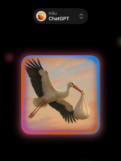 Image Playground screen with image of a photorealistic storks carrying a bundle in its beak, showing options for custom image styles from ChatGPT