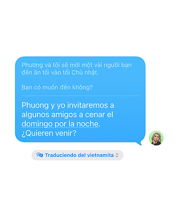 Live Translation in Messages feature in use showing translation from English to Spanish