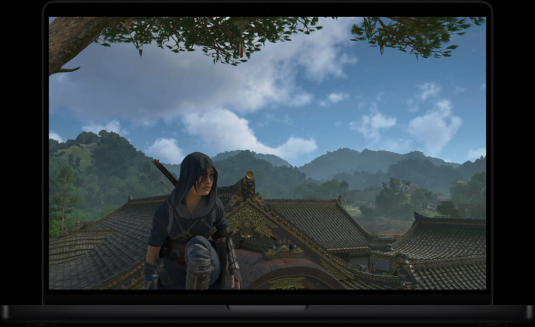Màn hình MacBook Pro hiển thị game Assassin's Creed Shadows