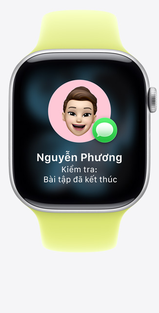 Apple Watch Series 11, aluminum case, silver color, Check In suggestion in iMessage, Sport Band, neon yellow color